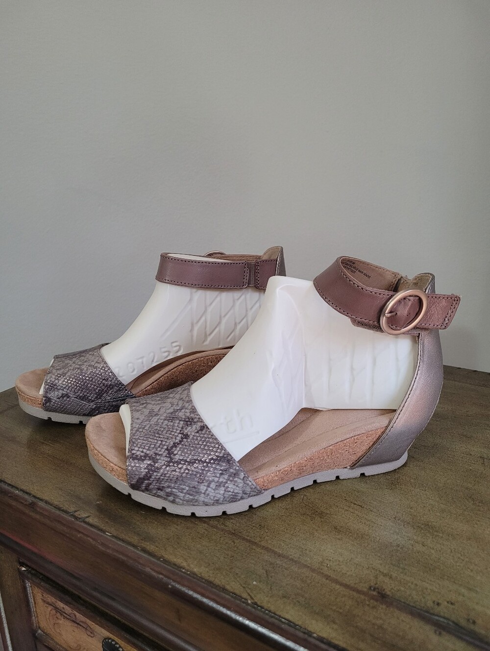 Earth Origins Taupe Snake-Print Wedge Sandals with Metallic Ankle Strap